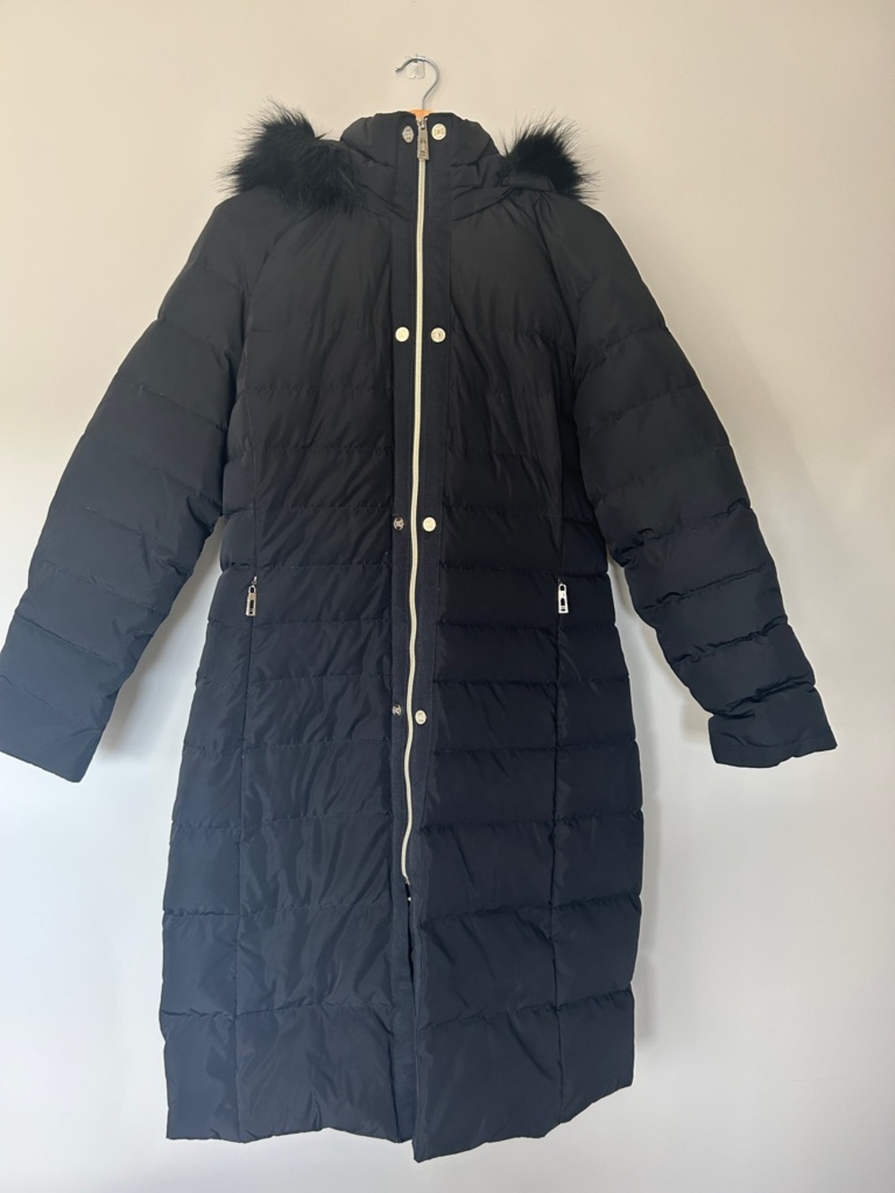 Ivanka Trump Black Long Quilted Puffer Coat with Hood and Faux Fur Trim